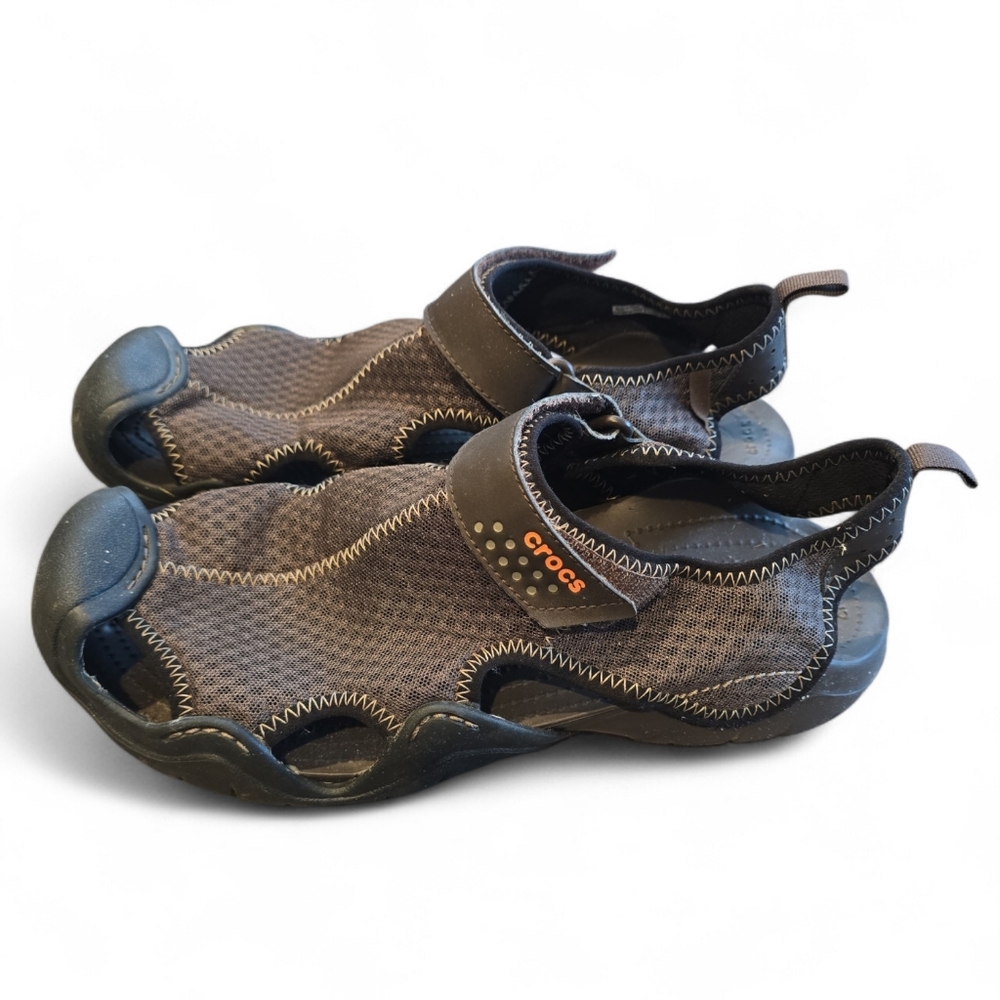 Crocs Swiftwater Mesh Deck Sandals Mens 12 Brown Black Outdoor Water Shoes